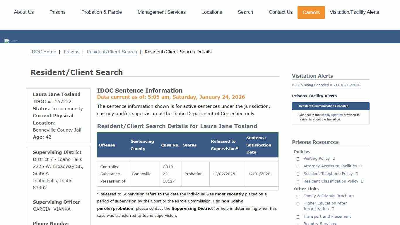 Resident/Client Search Details Idaho Department of Correction